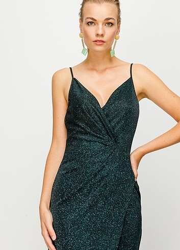 Zümrüt Yeşili Kromatik Simli Abiye - Görsel 4