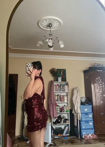 Bordo Straplez Mini Payetli Elbise - Görsel 4