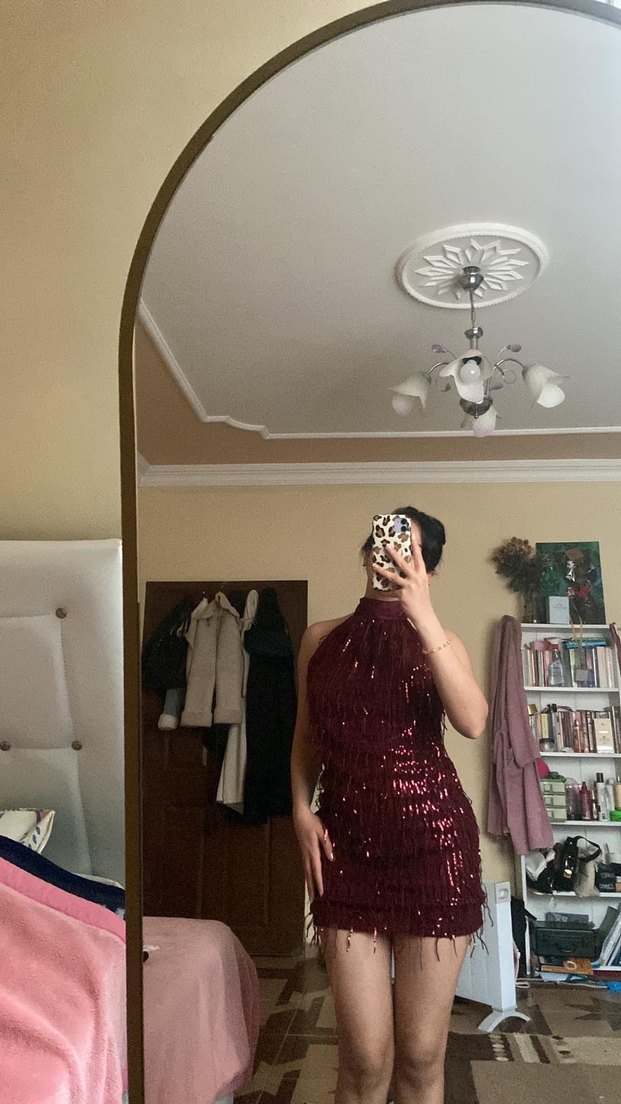 Bordo Straplez Mini Payetli Elbise - Görsel 2