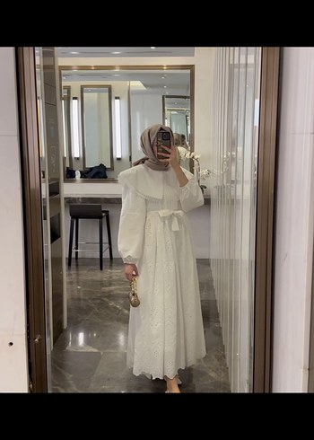 Beyaz fisto brode Uzun Pamuk Elbise - Görsel 3