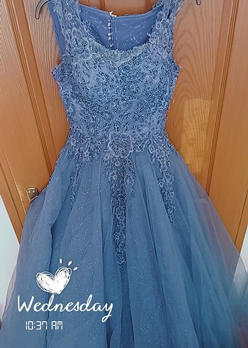 Dantel Detaylı indigo Mavi Uzun Abiye