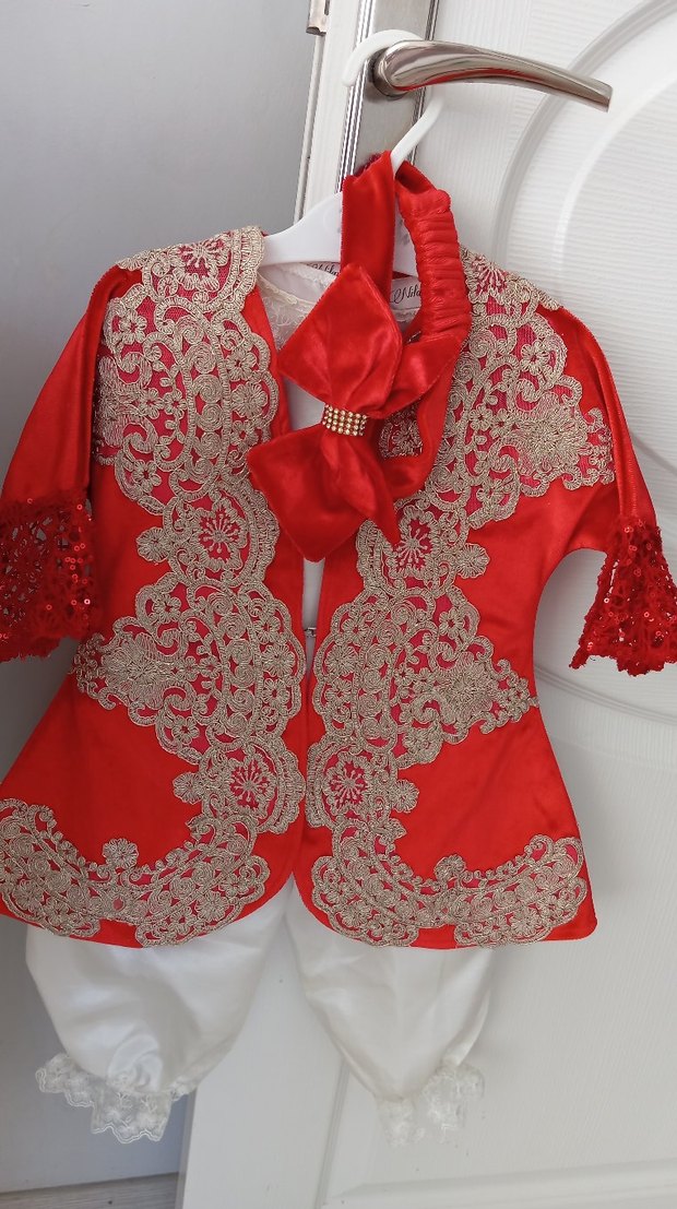 Kırmızı İşlemeli Dantel Detaylı Çocuk Bindallı - Görsel 2