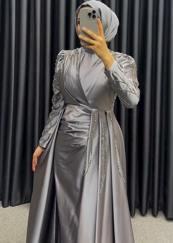 Nakışlı Gri Uzun Kollu Abiye Elbise - Görsel 2