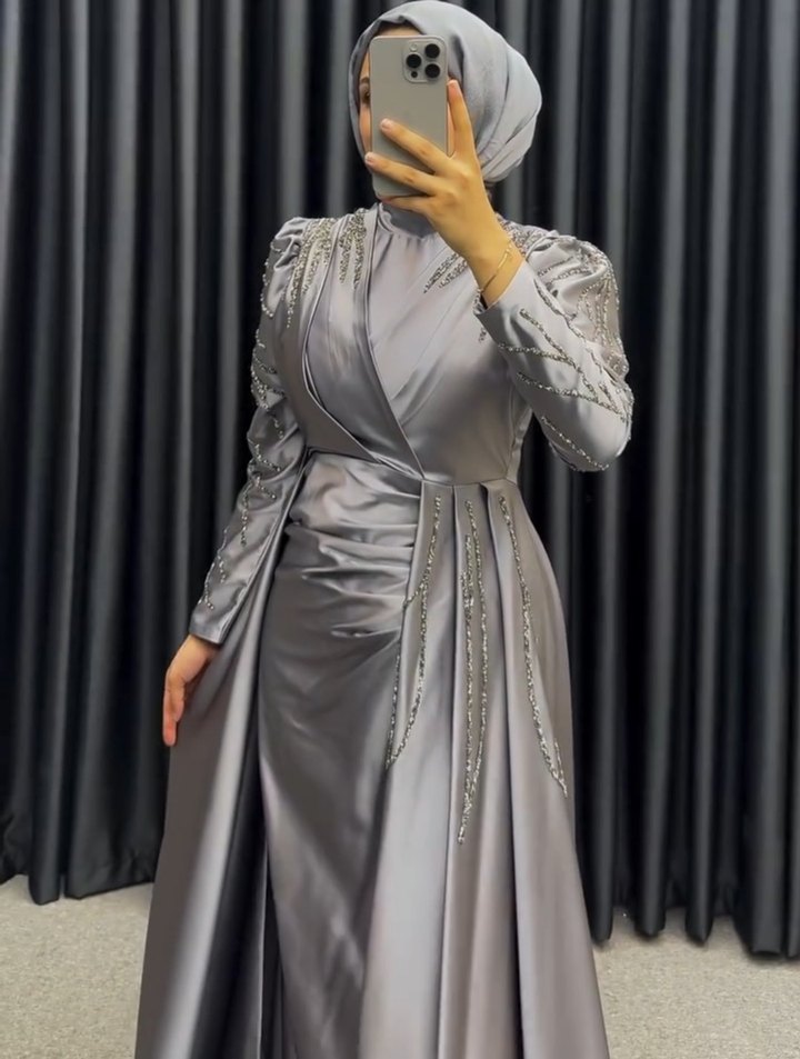 Nakışlı Gri Uzun Kollu Abiye Elbise - Görsel 2