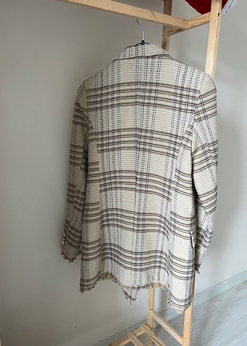 Diğer Ekose Desenli Kısa Bej Kadın Blazer Ceket