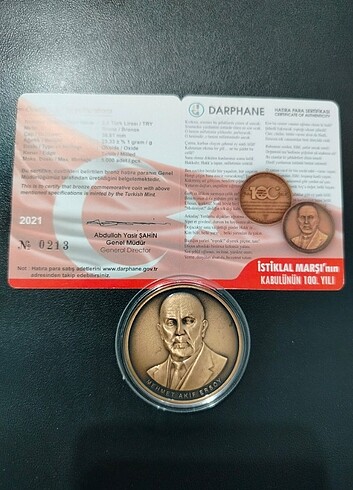 Mehmet Akif Ersoy hatıra bronz parası, sertifikalı