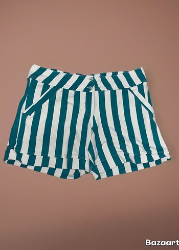 H&M Turkuaz Çizgili Mini Şort -L beden