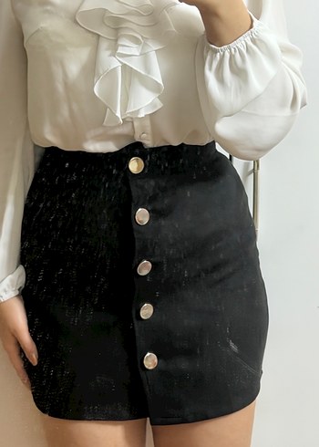 Düğmeli Siyah Mini Etek - Görsel 2