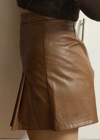 Kahverengi Deri Pileli Mini Etek - Görsel 3