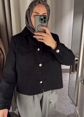 Düğmeli Siyah Kısa Kadın kaşe Ceket - Görsel 3