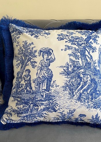 Bohem Mavi Baskılı Püsküllü Yastık Kılıfı - Görsel 9