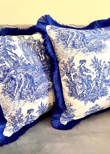 Bohem Mavi Baskılı Püsküllü Yastık Kılıfı - Görsel 3