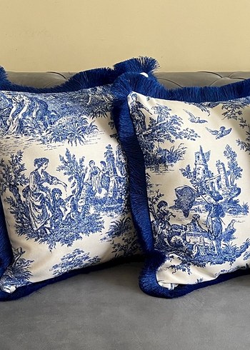 Bohem Mavi Baskılı Püsküllü Yastık Kılıfı - Görsel 6