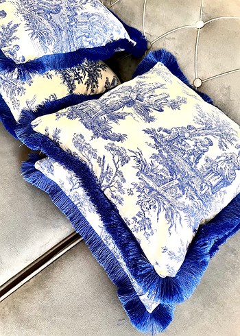 Bohem Mavi Baskılı Püsküllü Yastık Kılıfı - Görsel 5