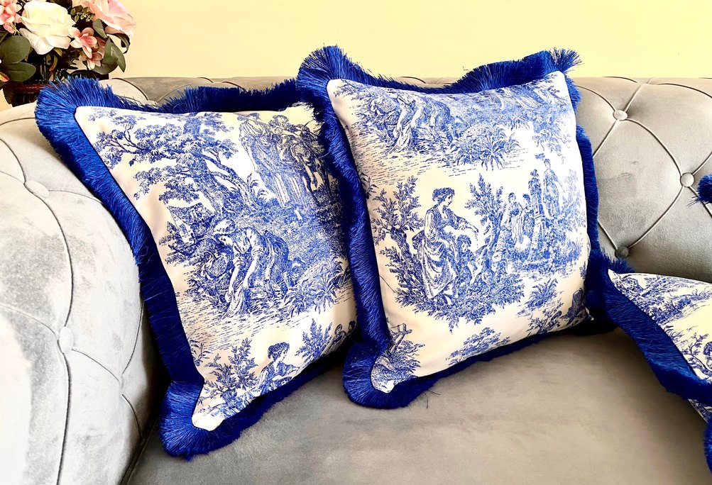 Bohem Mavi Baskılı Püsküllü Yastık Kılıfı - Görsel 3