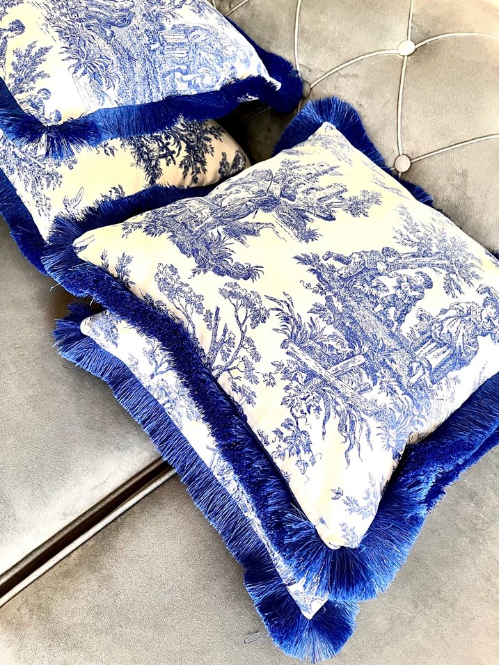 Bohem Mavi Baskılı Püsküllü Yastık Kılıfı - Görsel 5