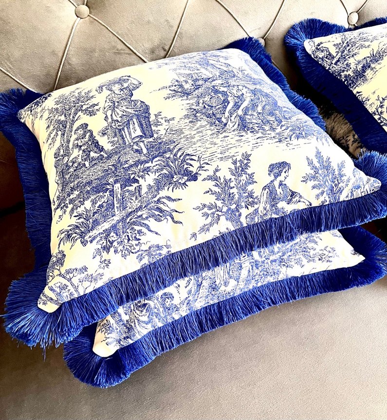 Bohem Mavi Baskılı Püsküllü Yastık Kılıfı - Görsel 2