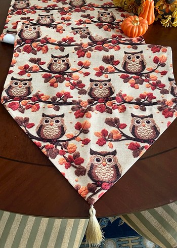 Madame Coco Runner 3D kumaş baykuş desenli püsküllü dekoratif masa örtüsü