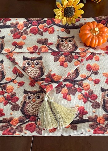 Runner 3D kumaş baykuş desenli püsküllü dekoratif masa örtüsü - Görsel 9