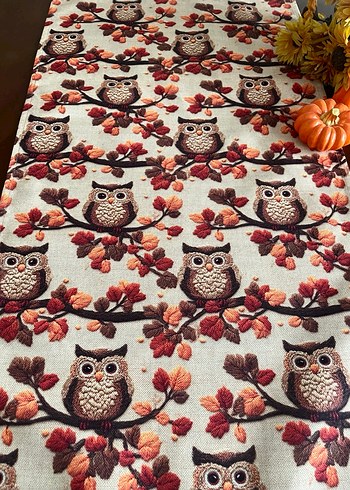 Runner 3D kumaş baykuş desenli püsküllü dekoratif masa örtüsü - Görsel 3