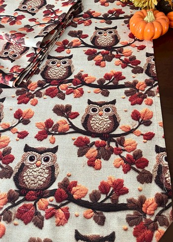 Madame Coco Baykuş desenli çok renkli bohem masa örtüsü runner