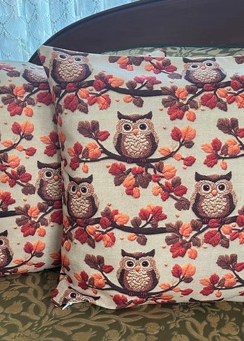 Kahverengi Nakışlı Baykuş Desenli Bohem Yastık - Görsel 2