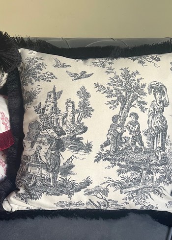 Püsküllü Gri Baskılı Klasik Dekoratif Yastık - Görsel 3