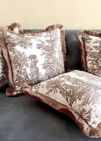 Bohem Desenli Bej Kırlent Fransız köylüleri dekoratif püsküllü - Görsel 5