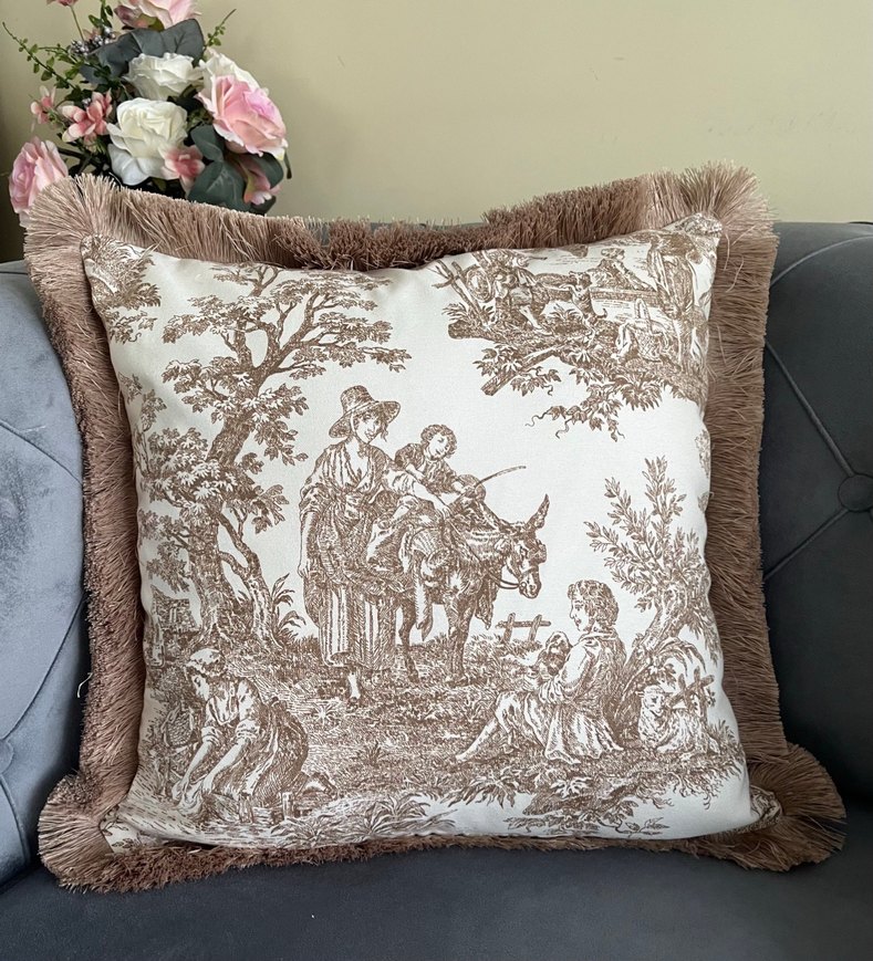 Bohem Desenli Bej Kırlent Fransız köylüleri dekoratif püsküllü - Görsel 2