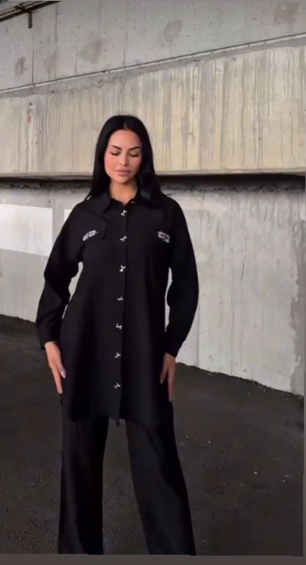 Siyah Kadın Uzun Ceket ve Pantolon Takım - Görsel 2