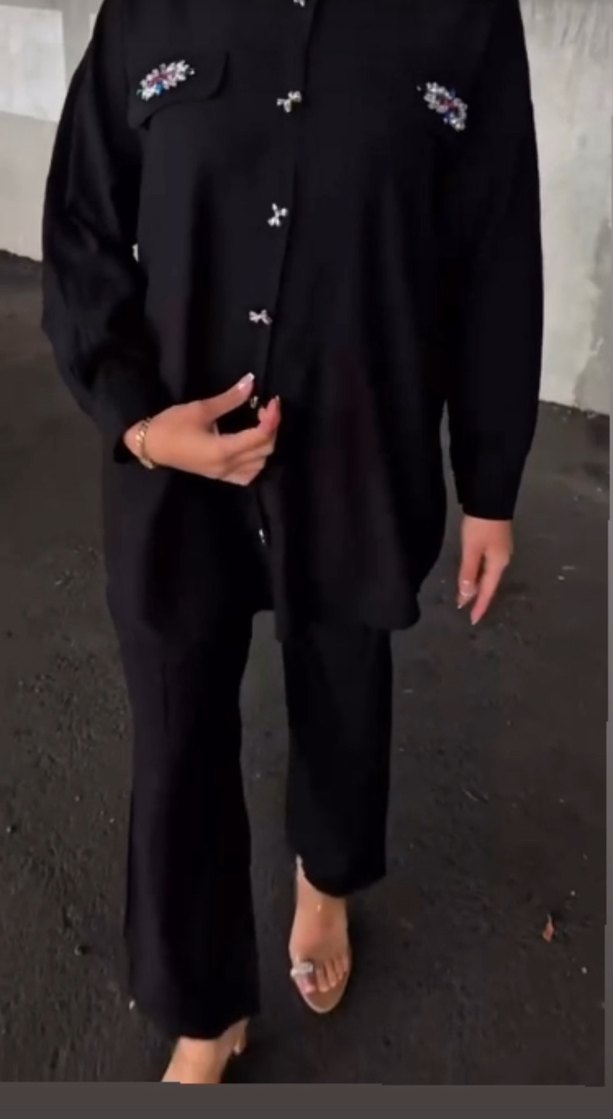 Siyah Kadın Uzun Ceket ve Pantolon Takım - Görsel 3