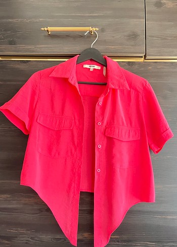 Düğmeli Kısa Kollu Pembe Keten Gömlek