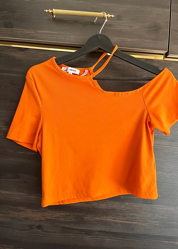 Koton Turuncu Mini Crop Top, Kısa Kollu, Bisiklet Yaka