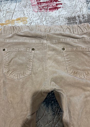 Bej Düğmeli Kadın Denim Pantolon kadife - Görsel 4