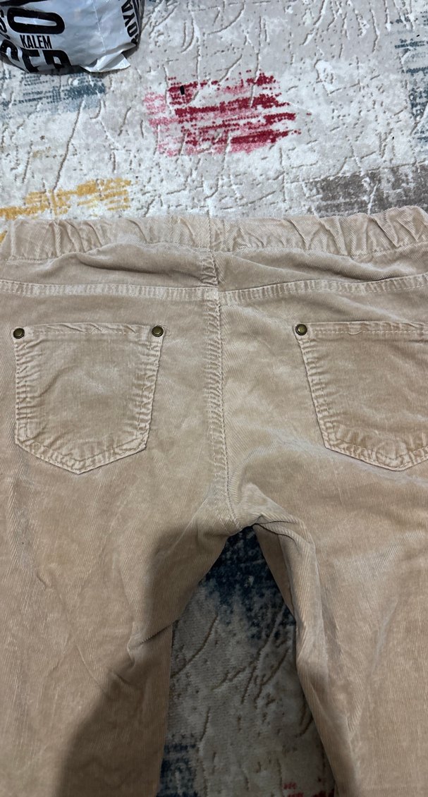 Bej Düğmeli Kadın Denim Pantolon kadife - Görsel 4