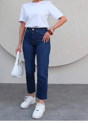 Zara Batik Desenli Lacivert Midi Denim Pantolon