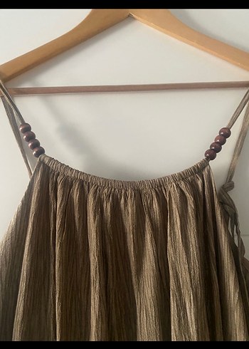 Drapeli Kahverengi Uzun Keten Elbise - Görsel 3