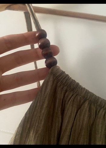 Drapeli Kahverengi Uzun Keten Elbise - Görsel 4