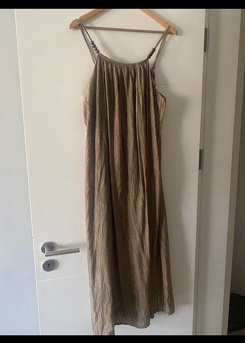 Drapeli Kahverengi Uzun Keten Elbise - Görsel 2