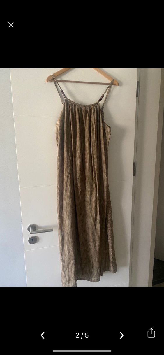 Drapeli Kahverengi Uzun Keten Elbise - Görsel 2