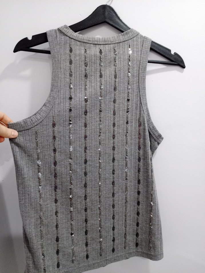 Nakışlı Gri Kolsuz Triko Kadın crop - Görsel 2