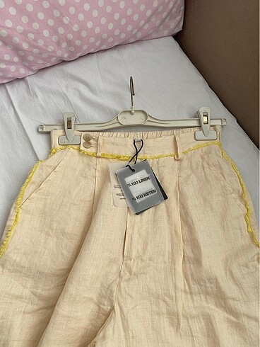 36 Beden ten rengi Renk twist keten pantolon