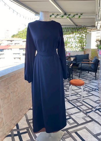 Lacivert Uzun Kollu Saten Elbise