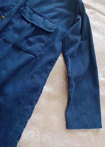 Düğmeli Lacivert Denim Kadın Gömlek - Görsel 3
