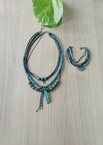 Turkuaz Boncuklu Bohem Kısa Kolye - Görsel 2