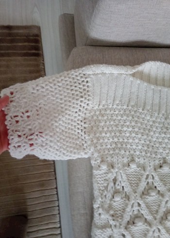 Beyaz Örgü Bohem Kısa Kollu Kazak - Görsel 2