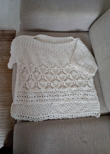 Beyaz Örgü Bohem Kısa Kollu Kazak - Görsel 5