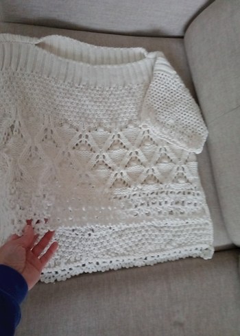 Beyaz Örgü Bohem Kısa Kollu Kazak - Görsel 4