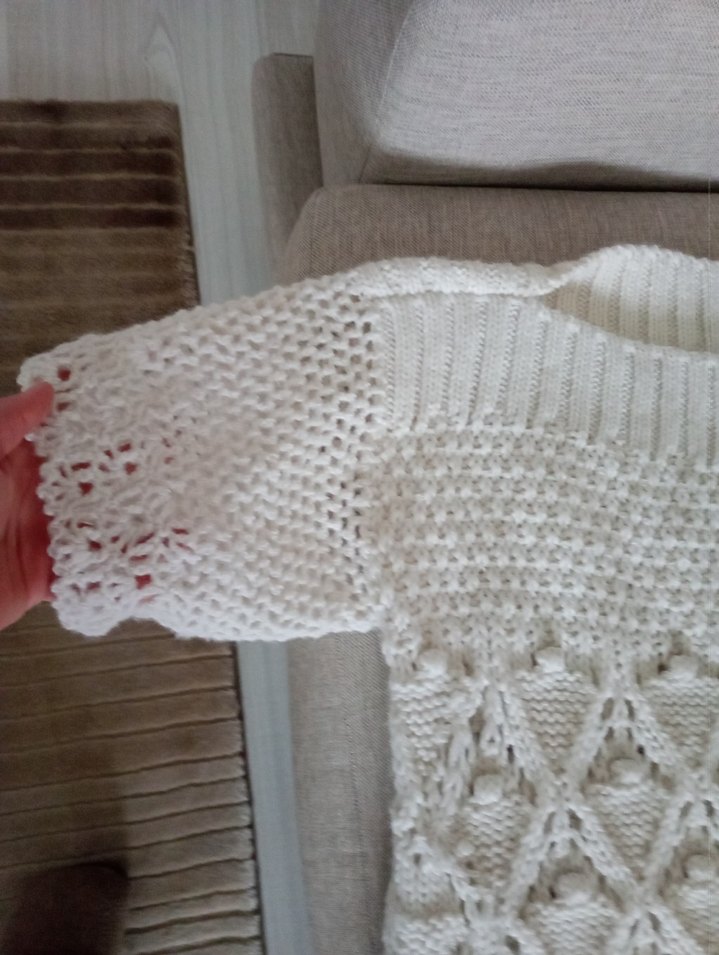 Beyaz Örgü Bohem Kısa Kollu Kazak - Görsel 2