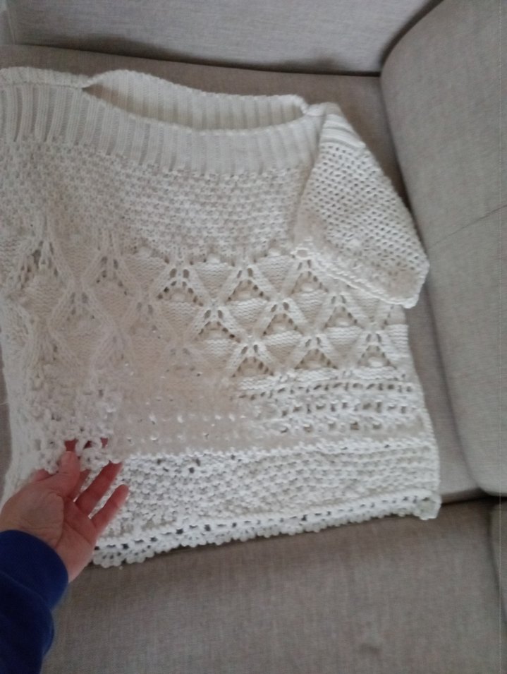 Beyaz Örgü Bohem Kısa Kollu Kazak - Görsel 4